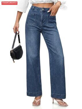 High Waisted Wide Leg Boyfriend Jeans Button Zip Fly Patch Pockets